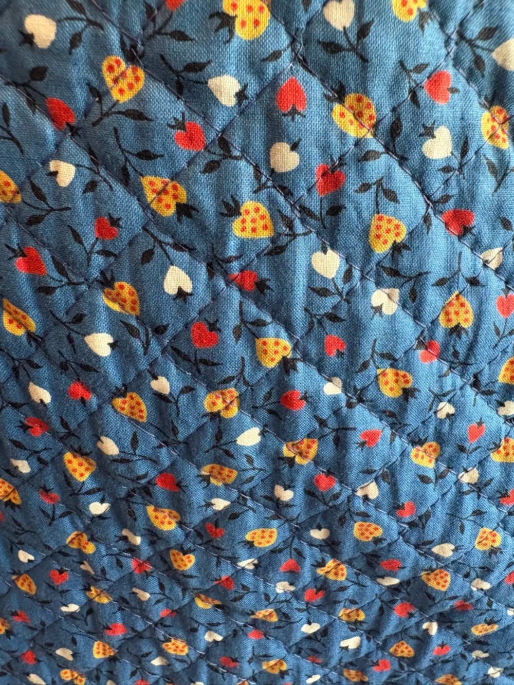 Vintage 50s Blue Floral Quilted Fit-and-Flare Dress with Strawberries and Hearts - Picture 3 of 11